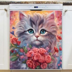 Valentine’s Day Kitten with Roses Magnetic Dishwasher Door Cover