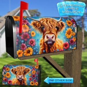 Highland Calf and Flowers Rural Farm Mailbox Cover