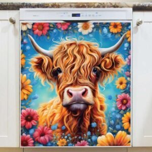 Highland Calf and Flowers Magnetic Dishwasher Door Cover