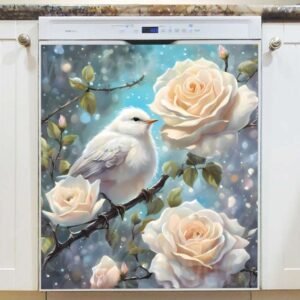 Pretty Bird on the White Rosebush Magnetic Dishwasher Door Cover