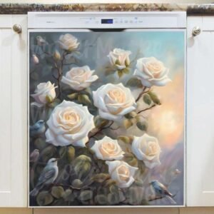 Birds on the White Rosebush Magnetic Dishwasher Door Cover