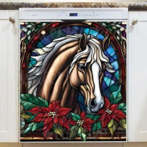 Stained Glass Brown Christmas Horse Magnetic Dishwasher Door Cover