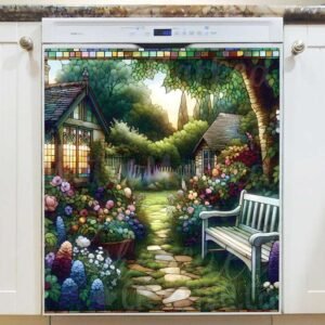 Stained Glass Evening Cottages Magnetic Dishwasher Door Cover