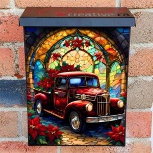 Stained Glass Red Christmas Truck Colonial Mailbox Cover