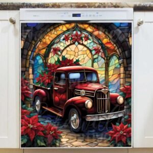 Stained Glass Red Christmas Truck Magnetic Dishwasher Door Cover