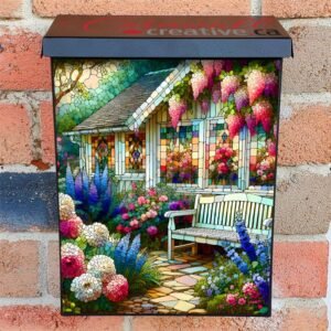Stained Glass House with Flowers Colonial Mailbox Cover