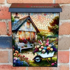 Stained Glass Cottage and Wheel Barrel Colonial Mailbox Cover
