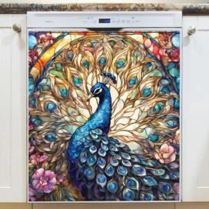 Stained Glass Peacock and Roses Magnetic Dishwasher Door Cover