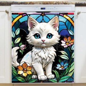 Stained Glass White Kitten Magnetic Dishwasher Door Cover