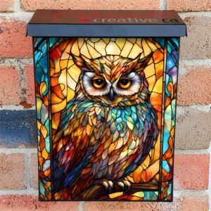 Stained Glass Owl and Leaves Colonial Mailbox Cover