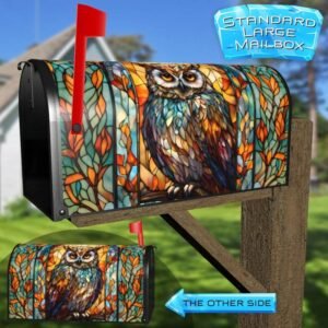 Stained Glass Owl and Leaves Rural Farm Mailbox Cover