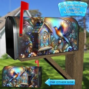 Stained Glass Bird, Birdhouse and Flowers Rural Farm Mailbox Cover