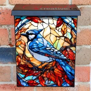 Stained Glass Autumn Blue Jay Colonial Mailbox Cover