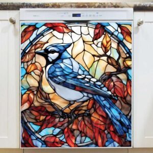 Stained Glass Autumn Blue Jay Magnetic Dishwasher Door Cover