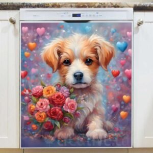 Valentine’s Puppy with Roses Magnetic Dishwasher Door Cover