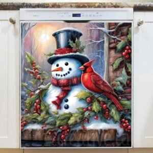Sweet Christmas Snowman and Cardinal Magnetic Dishwasher Door Cover