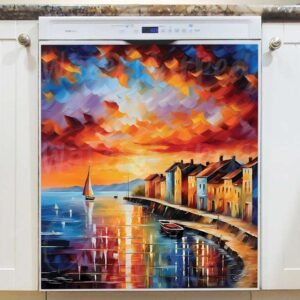 Colorful Sunset Fishing Village Magnetic Dishwasher Door Cover