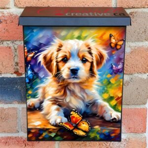 Fluffy Puppy and Butterflies Colonial Mailbox Cover