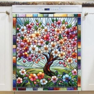 Stained Glass Spring Cherry Tree Magnetic Dishwasher Door Cover