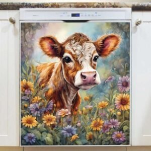Fluffy Baby Cow in the Garden Magnetic Dishwasher Door Cover