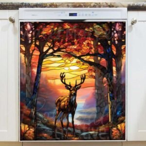 Stained Glass Autumn Forest Deer Magnetic Dishwasher Door Cover