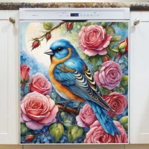 Pretty Bird on the Rose Bush Magnetic Dishwasher Door Cover