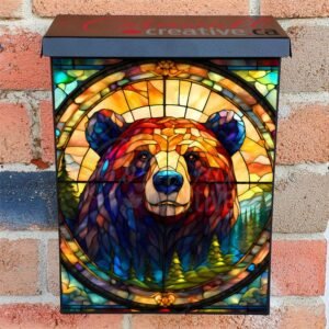 Stained Glass Forest Brown Bear Colonial Mailbox Cover