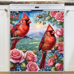 Cardinals on the Rose Bush Magnetic Dishwasher Door Cover