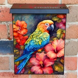 Pretty Parrot and Hibiscus Flowers Colonial Mailbox Cover