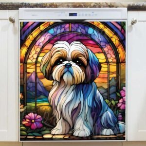 Stained Glass Shih Tzu and Flowers Magnetic Dishwasher Door Cover