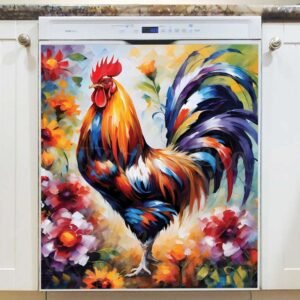 Colorful Pretty Rooster and Flowers Magnetic Dishwasher Door Cover