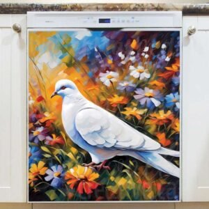 White Dove and Colorful Flowers Magnetic Dishwasher Door Cover