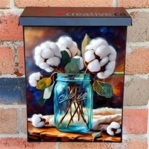 Cotton Flowers in a Blue Mason Jar Colonial Mailbox Cover