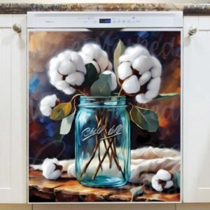 Cotton Flowers in a Blue Mason Jar Magnetic Dishwasher Door Cover