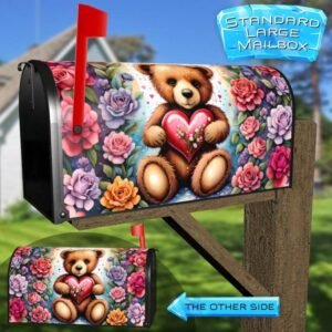 Teddy Bear with Colorful Roses Rural Farm Mailbox Cover