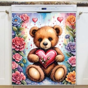 Teddy Bear with Colorful Roses Magnetic Dishwasher Door Cover