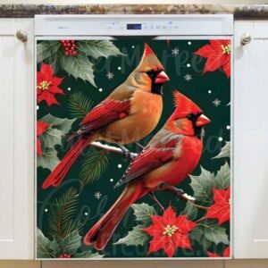 Christmas Cardinals and Poinsettias Magnetic Dishwasher Door Cover