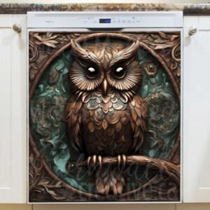 Tooled Leather Brown Owl Magnetic Dishwasher Door Cover