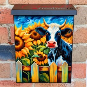 Cow Over the Fence with Sunflowers Colonial Mailbox Cover