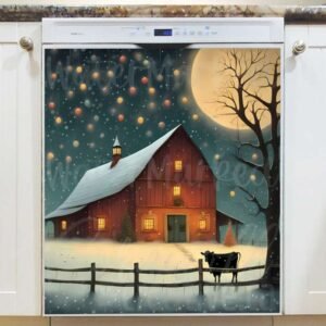 Prim Christmas Barn and Cow Magnetic Dishwasher Door Cover