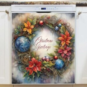 Christmas Greetings Wreath Magnetic Dishwasher Door Cover