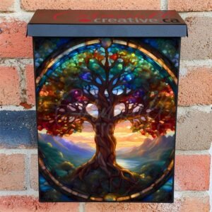Stained Glass Sunset Tree Colonial Mailbox Cover