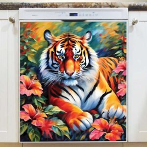 Relaxing Tiger and Hibiscus Flowers Magnetic Dishwasher Door Cover