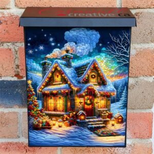 Stained Glass Christmas Cottage at Night Colonial Mailbox Cover
