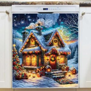 Stained Glass Christmas Cottage at Night Magnetic Dishwasher Door Cover