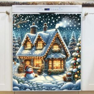 Snowman at the Snowy Cottage Magnetic Dishwasher Door Cover