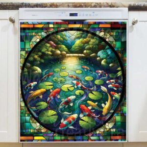Colorful Stained Glass Koi Fish Pond Magnetic Dishwasher Door Cover