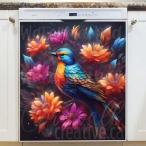 Folk Bird and Flowers 2 Magnetic Dishwasher Door Cover