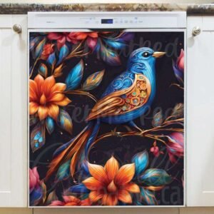 Blue Folk Bird and Flowers Magnetic Dishwasher Door Cover
