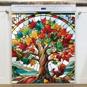 Stained Glass Tree and Squirrel Magnetic Dishwasher Door Cover